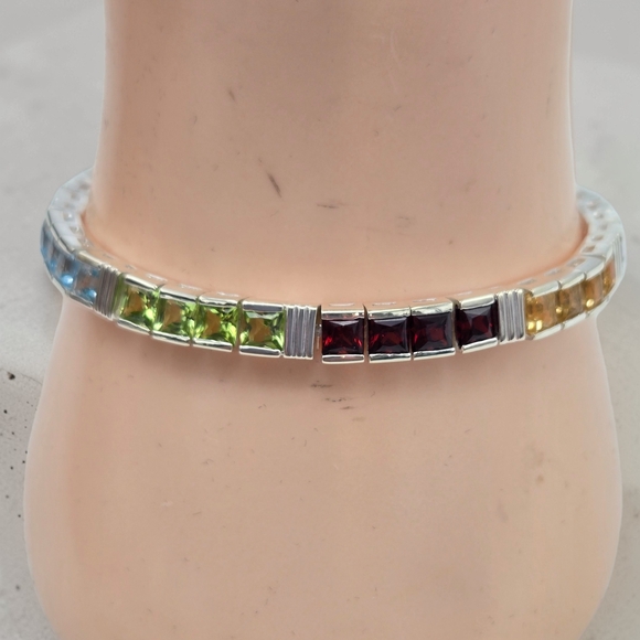 Sterling Silver 925 Multi Gemstone Tennis Bracelet 6.75” Thailand 19.5g - Picture 4 of 9